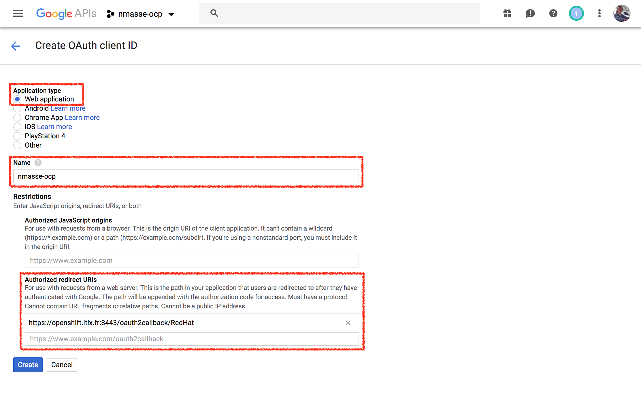 Select Web Application and fill-in an authorized redirect uri