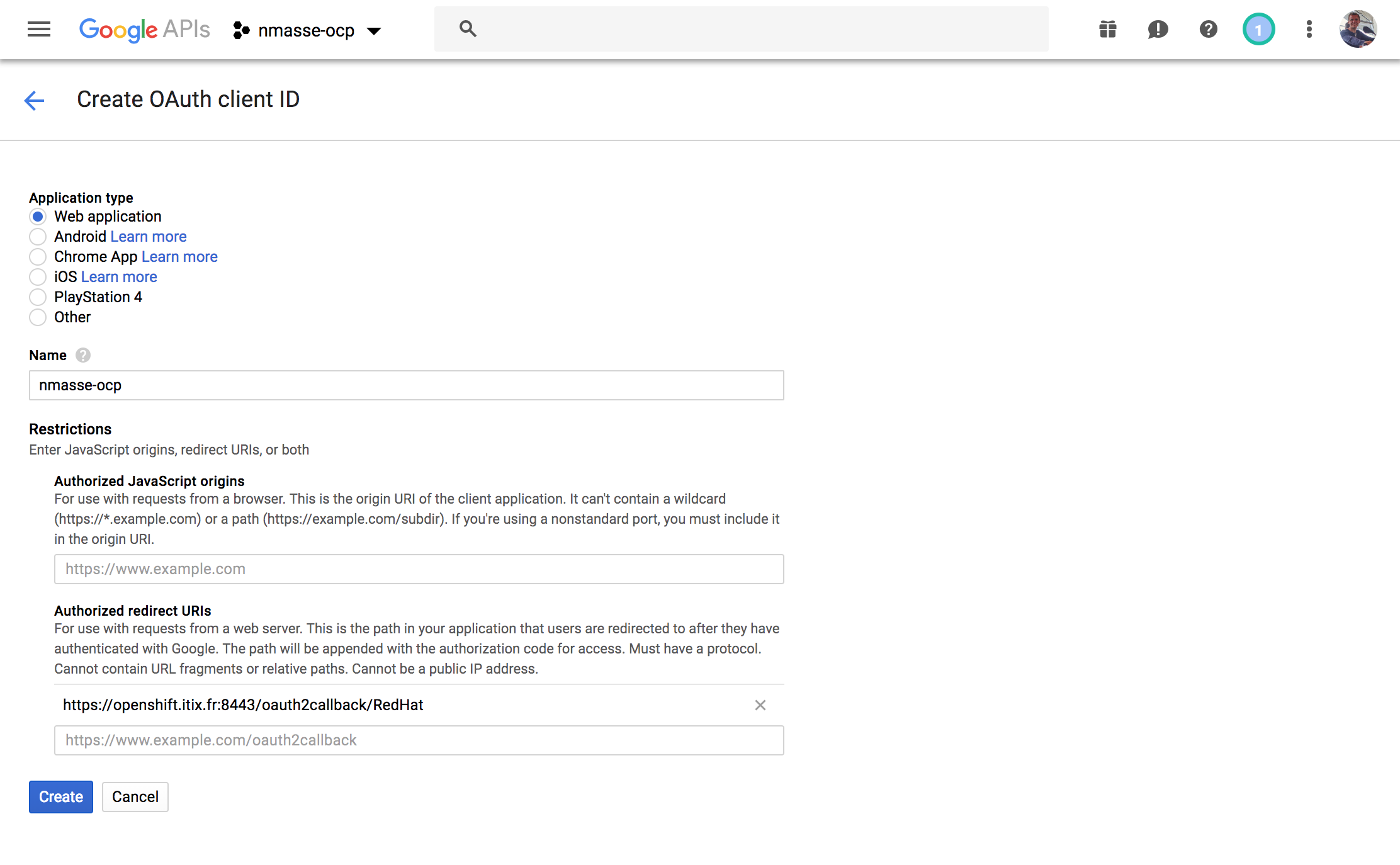 Select Web Application and fill-in an authorized redirect uri